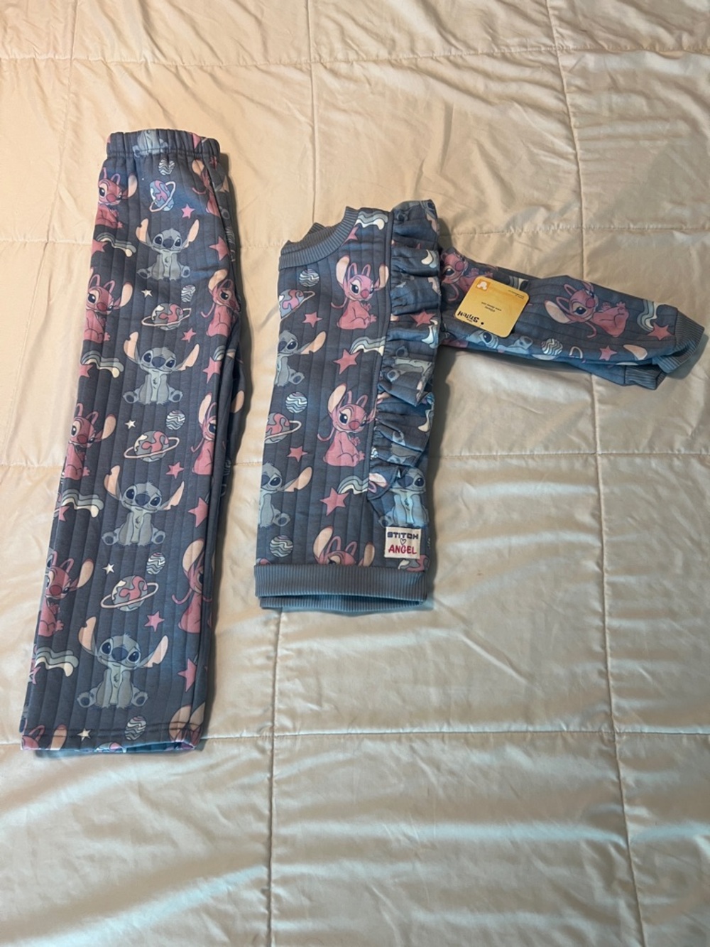 Disney Girls Ribbed Pajama Set in Blue and Pink with Stitch & Angel Print